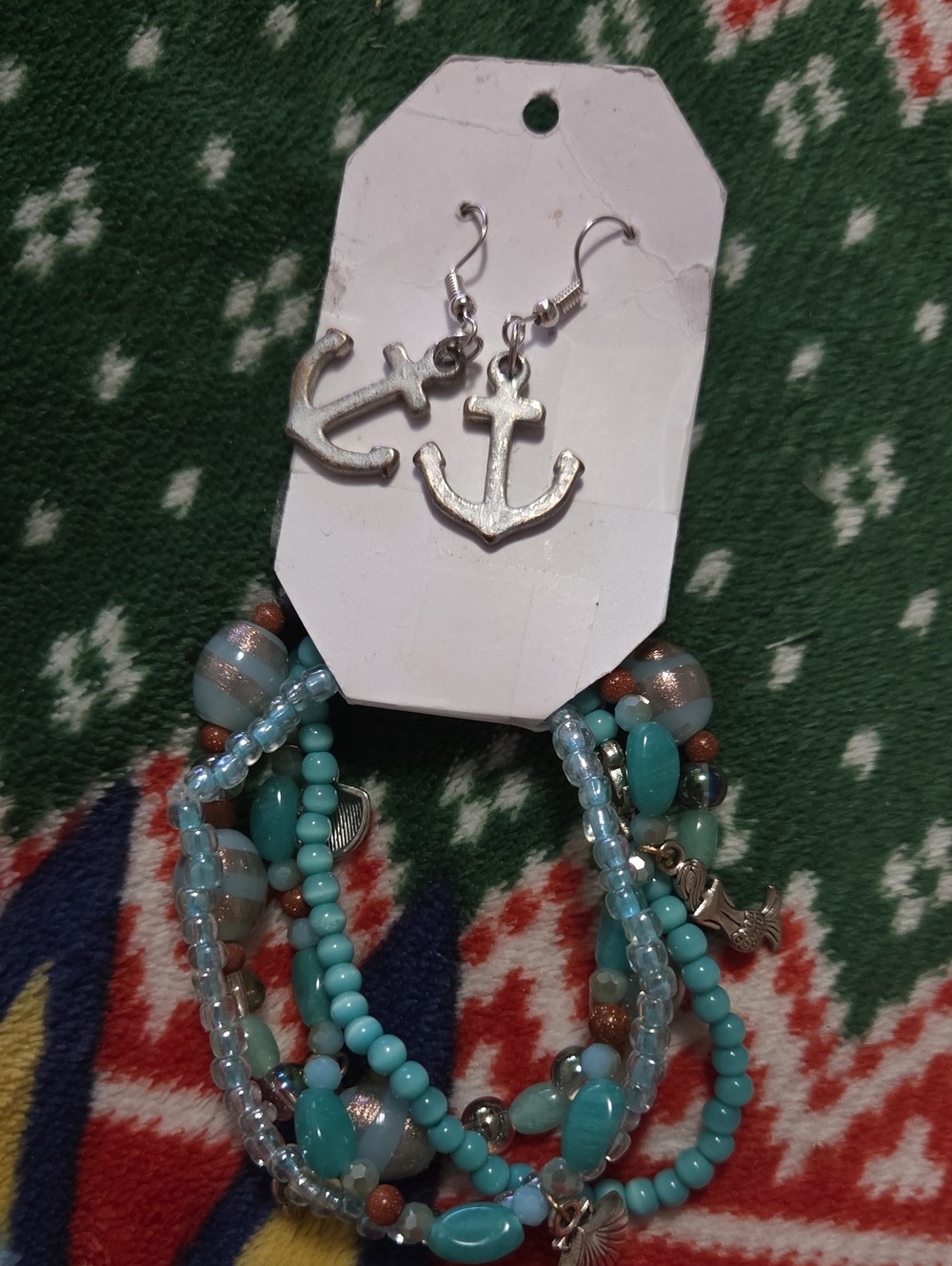Turquoise Beaded Multi-Strand Bracelet with Anchor Charm -